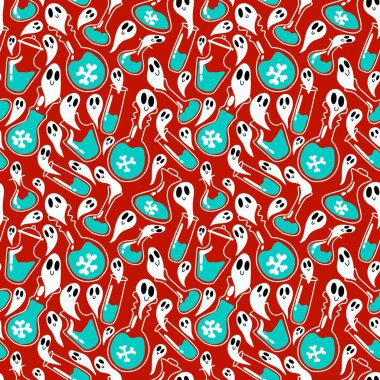 Cadılar Bayramı zehirli cadı iksiri kağıtları, çocuklar, aksesuarlar, not defterleri ve şenlikli kumaşlar için kusursuz hayalet karikatür deseni. Yüksek kaliteli illüstrasyon