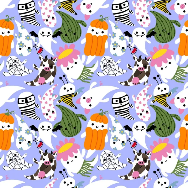 Cartoon Halloween Seamless Cute Ghost Pattern Festive Wrapping Paper Kids — Stockfoto