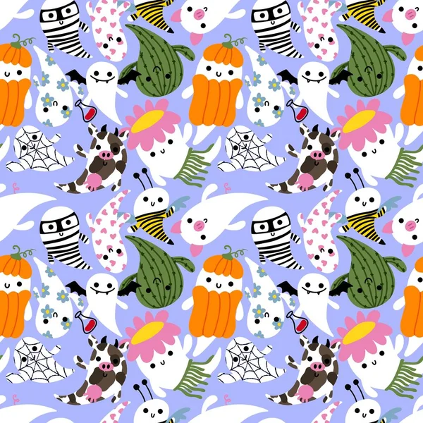 Cartoon Halloween seamless cute ghost pattern for festive wrapping paper and kids accessories and notebooks and fabrics and clothes print. High quality illustration