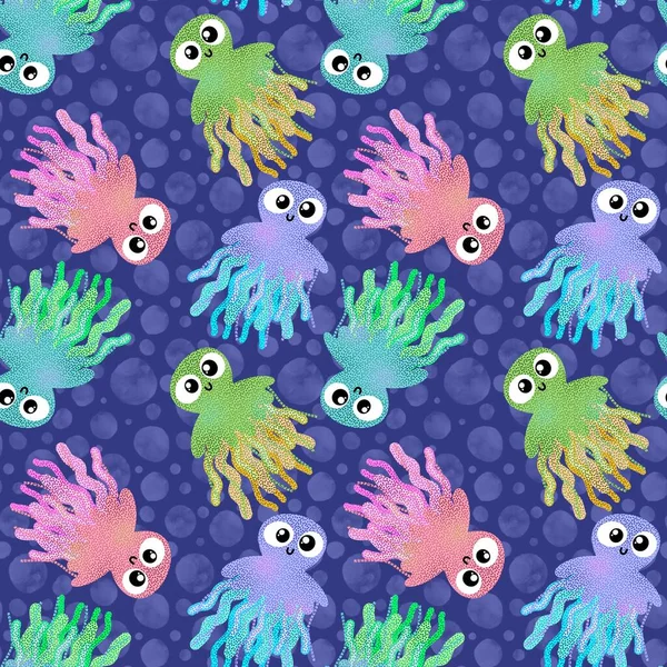 Cute Cartoon Kids Seamless Sea Jellyfish Pattern Clothes Print Wrapping — 图库照片