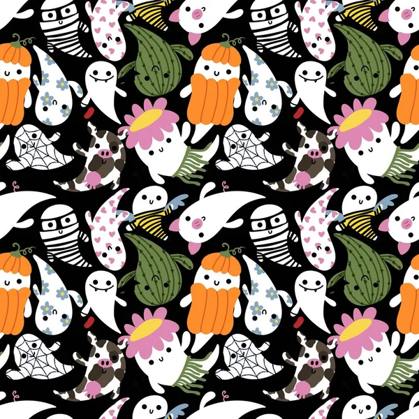 Cartoon Halloween Seamless Cute Ghost Pattern Festive Wrapping Paper Kids — Stock Fotó