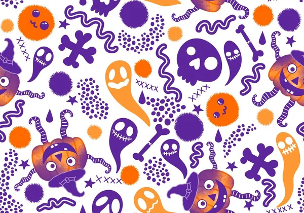 Halloween Seamless Pumpkins Witch Hat Ghost Pattern Fabrics Wrapping Paper —  Fotos de Stock
