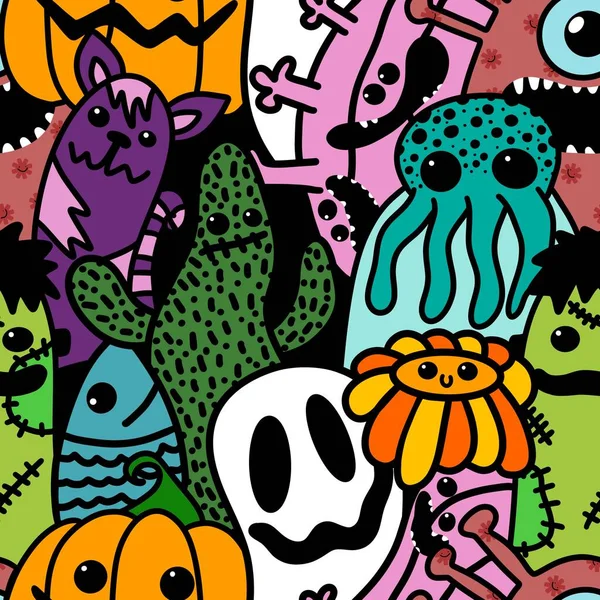 Halloween Cartoon Seamless Doodle Ghost Pumpkins Cactus Monsters Pattern Wrapping — Stockfoto