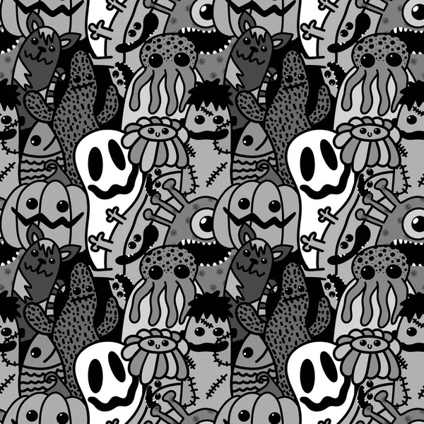 Halloween Cartoon Seamless Doodle Ghost Pumpkins Cactus Monsters Pattern Wrapping — 图库照片