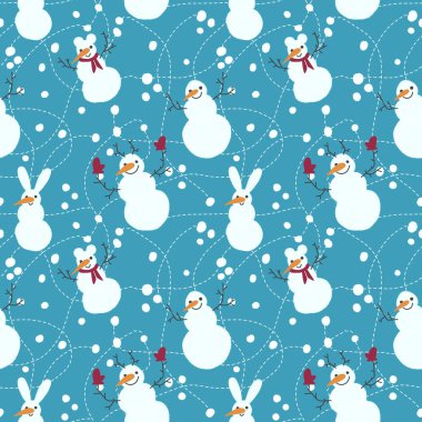 Noel ambalajı için kışın dikişsiz kardan adam ve kar taneleri deseni ve çocukların not defterleri, aksesuarları ve kumaşları. Yüksek kaliteli illüstrasyon