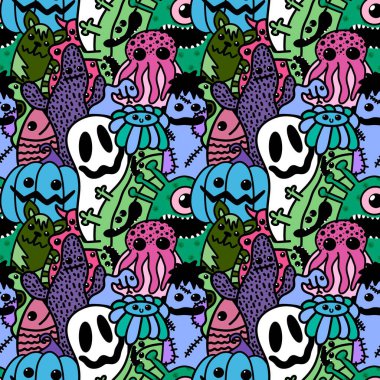 Halloween cartoon seamless doodle ghost and pumpkins and cactus and monsters pattern for wrapping paper and kids fabrics and clothes print and accessories and notebooks. High quality illustration