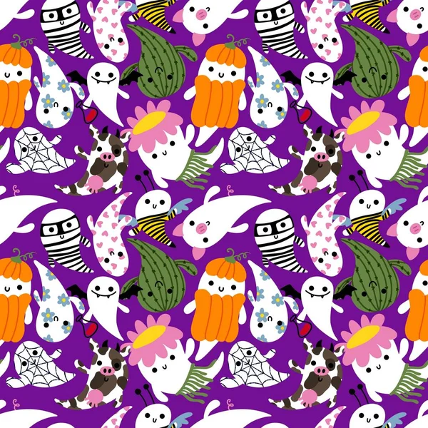 Cartoon Halloween Seamless Cute Ghost Pattern Festive Wrapping Paper Kids — Foto de Stock
