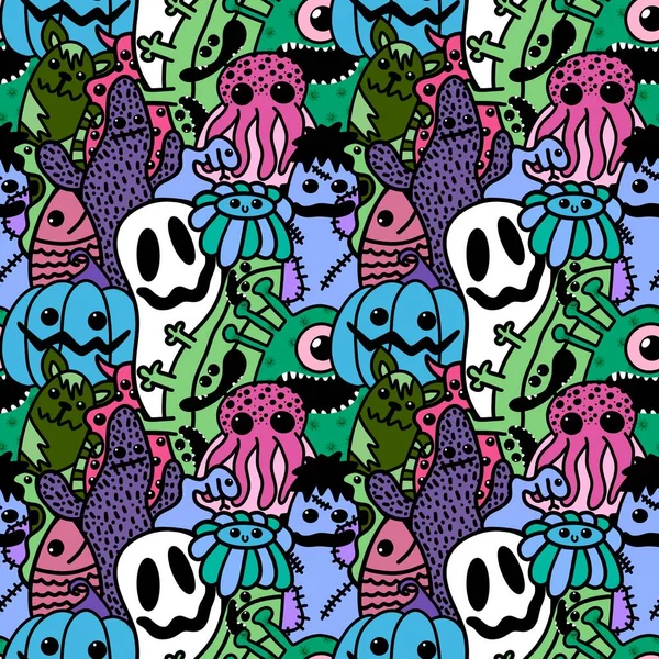 Halloween Cartoon Seamless Doodle Ghost Pumpkins Cactus Monsters Pattern Wrapping — Foto de Stock