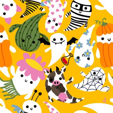 Cartoon Halloween seamless cute ghost pattern for festive wrapping paper and kids accessories and notebooks and fabrics and clothes print. High quality illustration
