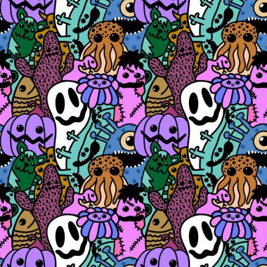 Halloween cartoon seamless doodle ghost and pumpkins and cactus and monsters pattern for wrapping paper and kids fabrics and clothes print and accessories and notebooks. High quality illustration