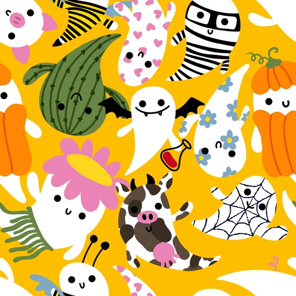 Cartoon Halloween Seamless Cute Ghost Pattern Festive Wrapping Paper Kids —  Fotos de Stock