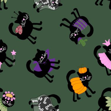 Cadılar Bayramı kara kedileri kıyafet baskısı, ambalaj kağıdı, defterler, aksesuarlar, kumaşlar, çocuklar ve şenlik için kusursuz desenler. Yüksek kaliteli illüstrasyon