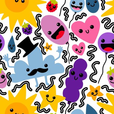 Cartoon seamless sun and clouds and balloons pattern for kids clothes print and festive fabrics and wrapping paper and study notebooks and accessories. High quality photo