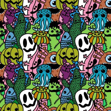 Halloween cartoon seamless doodle ghost and pumpkins and cactus and monsters pattern for wrapping paper and kids fabrics and clothes print and accessories and notebooks. High quality illustration
