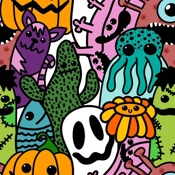 Halloween Cartoon Seamless Doodle Ghost Pumpkins Cactus Monsters Pattern Wrapping — Stockfoto