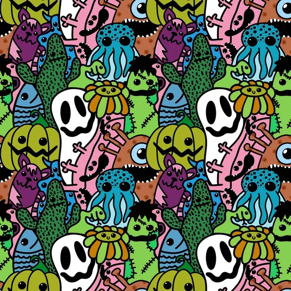 Halloween Cartoon Seamless Doodle Ghost Pumpkins Cactus Monsters Pattern Wrapping — Foto de Stock