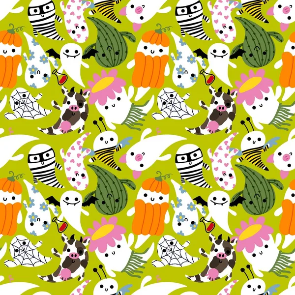 Cartoon Halloween Seamless Cute Ghost Pattern Festive Wrapping Paper Kids — Foto Stock