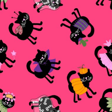 Cadılar Bayramı kara kedileri kıyafet baskısı, ambalaj kağıdı, defterler, aksesuarlar, kumaşlar, çocuklar ve şenlik için kusursuz desenler. Yüksek kaliteli illüstrasyon