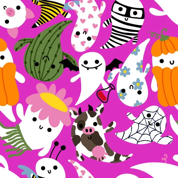 Cartoon Halloween Seamless Cute Ghost Pattern Festive Wrapping Paper Kids — Stockfoto