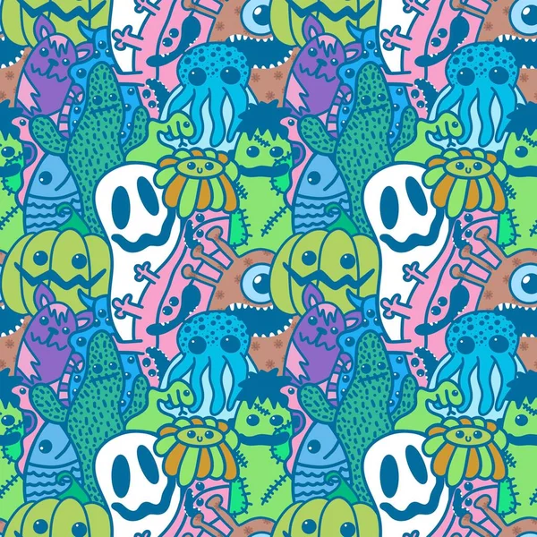 Halloween Cartoon Seamless Doodle Ghost Pumpkins Cactus Monsters Pattern Wrapping — Foto de Stock