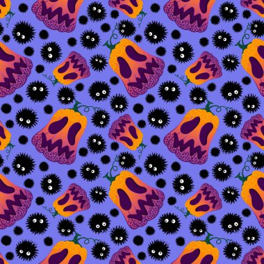 Cadılar Bayramı pürüzsüz balkabakları ve cadı şapkası kumaşlar için hayalet deseni ve ambalaj kağıdı ve kıyafet baskısı not defterleri ve aksesuarlar ve parti. Yüksek kaliteli illüstrasyon