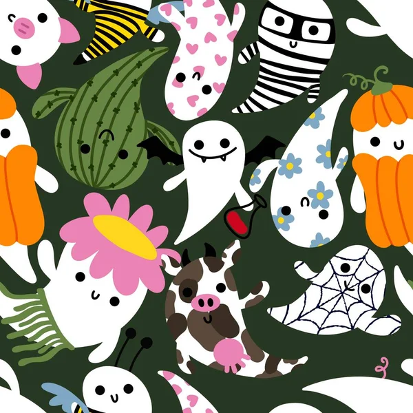Cartoon Halloween seamless cute ghost pattern for festive wrapping paper and kids accessories and notebooks and fabrics and clothes print. High quality illustration