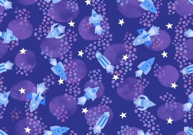 Çizgi filmlerde kumaşlar, çocuklar, okul defterleri, giysi baskısı ve anaokulu için kusursuz uzay gemisi deseni. Yüksek kalite fotoğraf