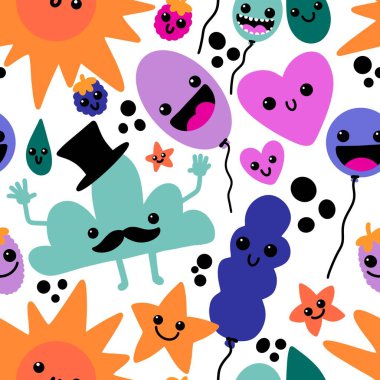 Cartoon seamless sun and clouds and balloons pattern for kids clothes print and festive fabrics and wrapping paper and study notebooks and accessories. High quality photo