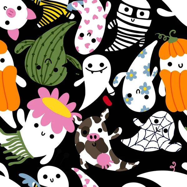 Cartoon Halloween Seamless Cute Ghost Pattern Festive Wrapping Paper Kids — Photo