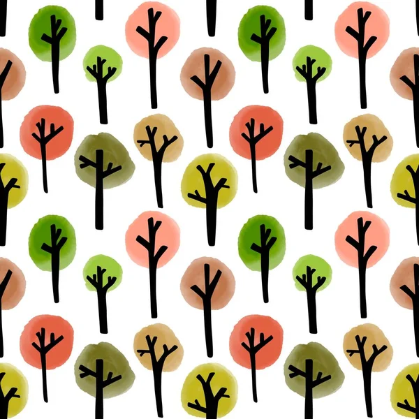 Cartoon autumn forest seamless watercolor trees pattern for fabrics and wrapping paper and accessories and kids clothes print and school notebooks. High quality photo