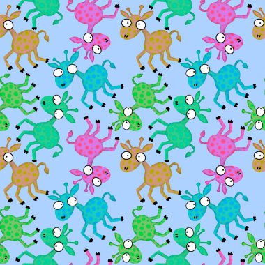 Cartoon animals seamless aliens giraffe pattern for kids clothes print and wrapping paper and accessories and notebooks and fabrics. High quality illustration