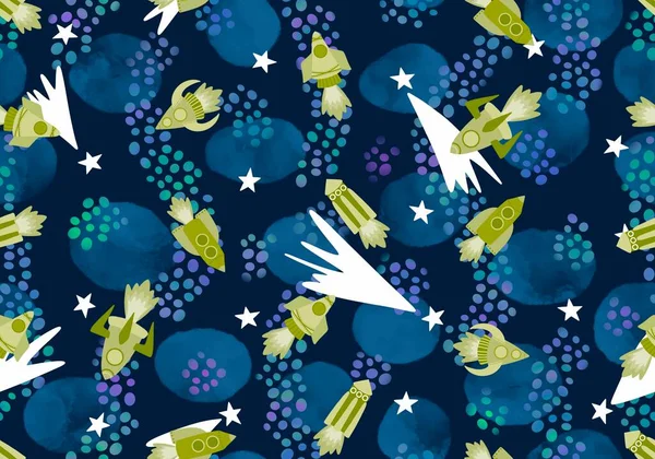 Cartoon seamless spaceship pattern for fabrics and kids and school notebooks and clothes print and kindergarten. High quality photo