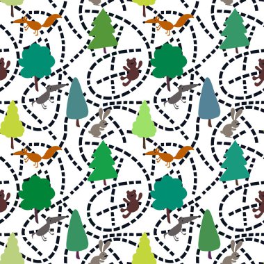 Animals and trees seamless autumn spring summer forest pattern for kids clothes and accessories and wrapping paper and notebooks and fabrics. High quality illustration