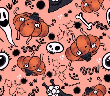 Cadılar Bayramı pürüzsüz balkabakları ve cadı şapkası kumaşlar için hayalet deseni ve ambalaj kağıdı ve kıyafet baskısı not defterleri ve aksesuarlar ve parti. Yüksek kaliteli illüstrasyon