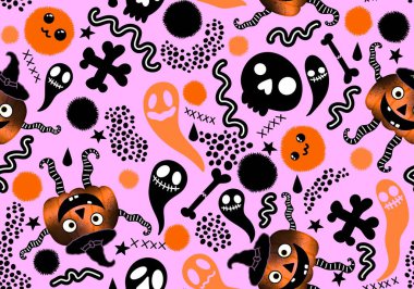 Cadılar Bayramı pürüzsüz balkabakları ve cadı şapkası kumaşlar için hayalet deseni ve ambalaj kağıdı ve kıyafet baskısı not defterleri ve aksesuarlar ve parti. Yüksek kaliteli illüstrasyon