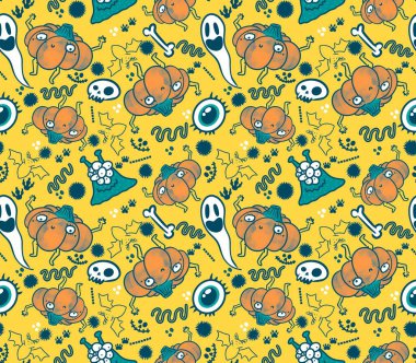 Cadılar Bayramı pürüzsüz balkabakları ve cadı şapkası kumaşlar için hayalet deseni ve ambalaj kağıdı ve kıyafet baskısı not defterleri ve aksesuarlar ve parti. Yüksek kaliteli illüstrasyon