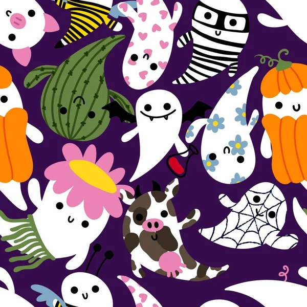 Cartoon Halloween Seamless Cute Ghost Pattern Festive Wrapping Paper Kids — стоковое фото