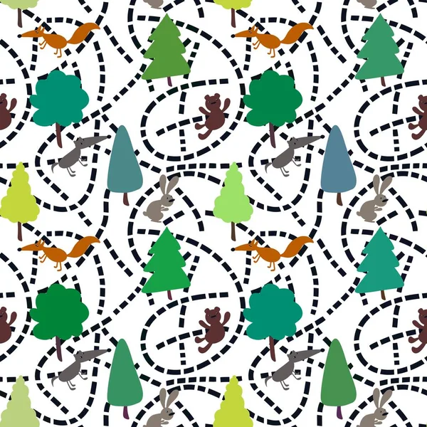 Animals Trees Seamless Autumn Spring Summer Forest Pattern Kids Clothes — Zdjęcie stockowe