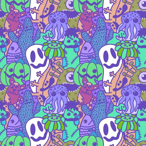 Halloween Cartoon Seamless Doodle Ghost Pumpkins Cactus Monsters Pattern Wrapping — 图库照片