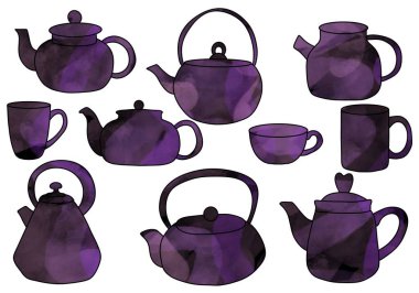 Çıkartmalar, ambalaj kağıtları, giysi baskıları, defterler, aksesuarlar ve süslemeler için çaydanlık çaydanlığı bardakları hazırlayın. Yüksek kaliteli illüstrasyon