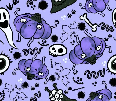 Cadılar Bayramı pürüzsüz balkabakları ve cadı şapkası kumaşlar için hayalet deseni ve ambalaj kağıdı ve kıyafet baskısı not defterleri ve aksesuarlar ve parti. Yüksek kaliteli illüstrasyon