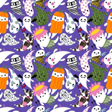 Cartoon Halloween seamless cute ghost pattern for festive wrapping paper and kids accessories and notebooks and fabrics and clothes print. High quality illustration