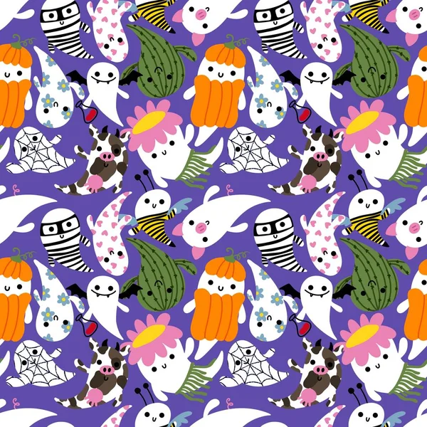 Cartoon Halloween Seamless Cute Ghost Pattern Festive Wrapping Paper Kids — Zdjęcie stockowe