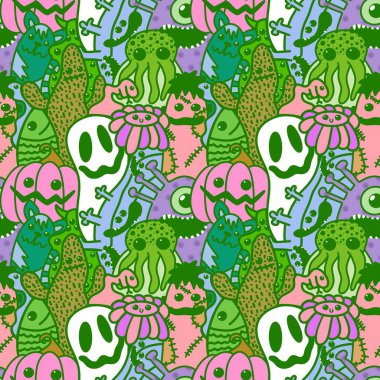 Halloween cartoon seamless doodle ghost and pumpkins and cactus and monsters pattern for wrapping paper and kids fabrics and clothes print and accessories and notebooks. High quality illustration
