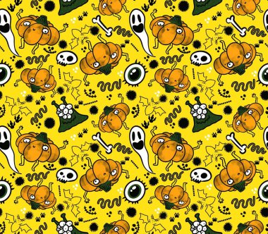 Cadılar Bayramı pürüzsüz balkabakları ve cadı şapkası kumaşlar için hayalet deseni ve ambalaj kağıdı ve kıyafet baskısı not defterleri ve aksesuarlar ve parti. Yüksek kaliteli illüstrasyon