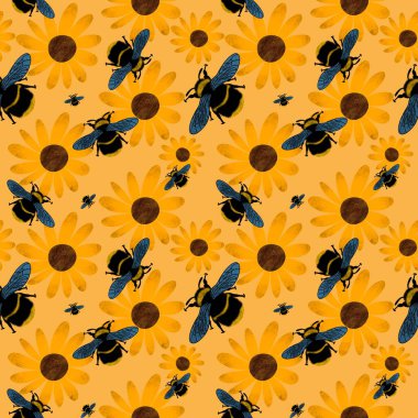 Summer floral seamless bee and yellow flowers pattern for fabrics and wrapping paper and clothes print and kids and accessories and notebooks and linens and kitchen textiles. High quality illustration