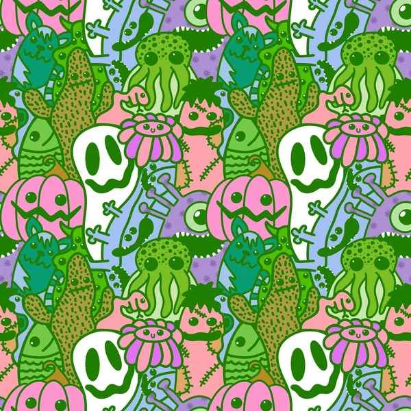 Halloween Cartoon Seamless Doodle Ghost Pumpkins Cactus Monsters Pattern Wrapping — Foto de Stock