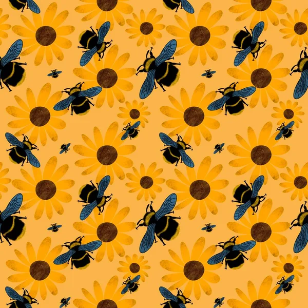 Summer floral seamless bee and yellow flowers pattern for fabrics and wrapping paper and clothes print and kids and accessories and notebooks and linens and kitchen textiles. High quality illustration