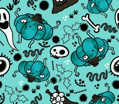 Cadılar Bayramı pürüzsüz balkabakları ve cadı şapkası kumaşlar için hayalet deseni ve ambalaj kağıdı ve kıyafet baskısı not defterleri ve aksesuarlar ve parti. Yüksek kaliteli illüstrasyon