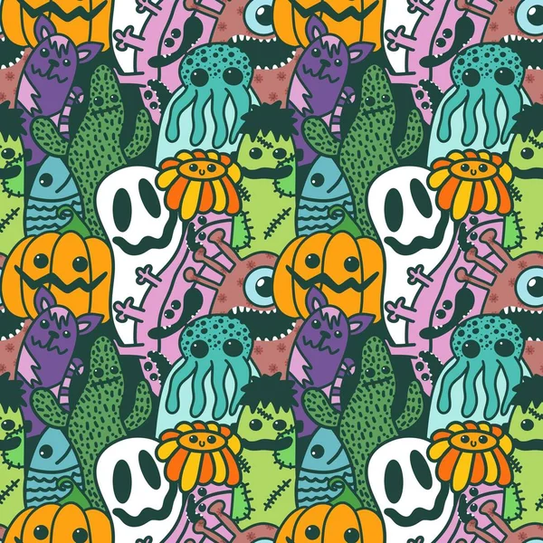 Halloween cartoon seamless doodle ghost and pumpkins and cactus and monsters pattern for wrapping paper and kids fabrics and clothes print and accessories and notebooks. High quality illustration